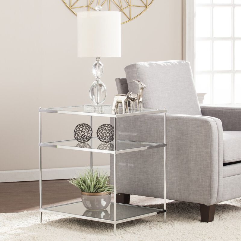 Hivvago 27 Inch  Silver Mirrored Glass And Iron End Table With Shelf