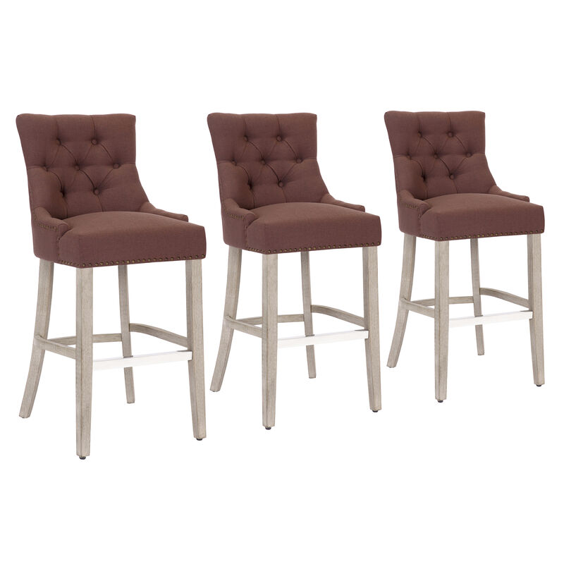 WestinTrends 29" Linen Fabric Tufted Upholstered Bar Stool (Set of 3), Antique Grey