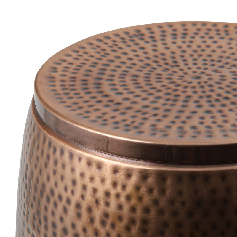 Merida Modern Rustic Hammered Metal Drum Storage Side Table with Lid