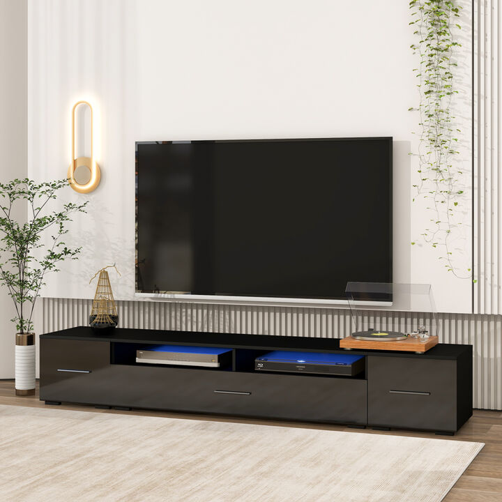 Extended, Minimalist Design TV stand with Color Changing LED Lights, Modern Universal Entertainment Center, High Gloss TV Cabinet for 90+ inch TV, Black
