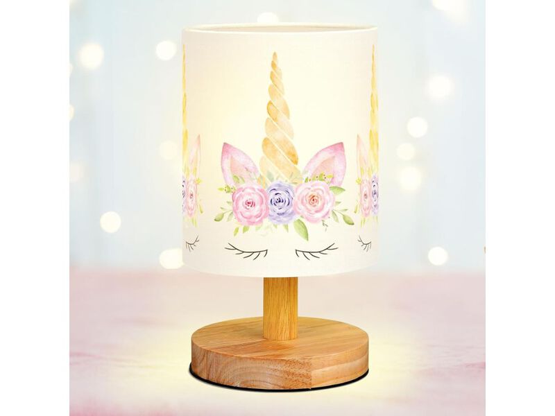 Unicorn Kids Table Lamp Wooden Bedside Lamp with Linen Shade for Bedroom image number 1