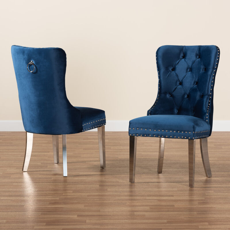 Baxton Studio Honora Navy Blue Velvet Fabric and Silver Metal 2-Piece Dining Chair Set