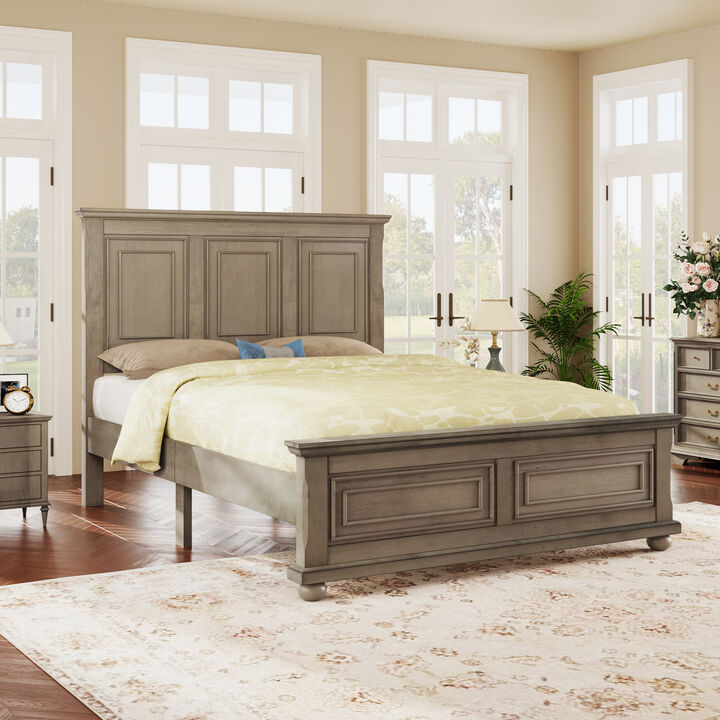 Traditional Town and Country Style Pinewood Vintage Queen Bed, Stone