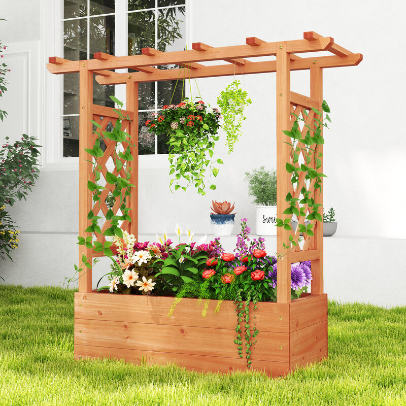Raised Garden Bed Elevated Planter Box with Trellis and Hanging Roof