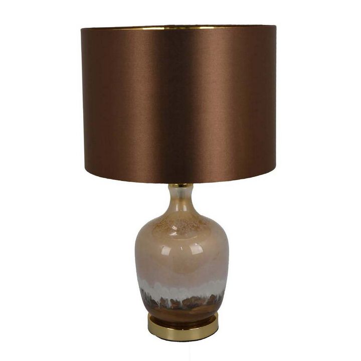 Gia 20 Inch Table Lamp, Drum Shade, Curved Round Glass Body, Brown Finish - Benzara