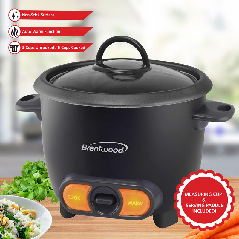 Brentwood 3 Cup Uncooked/6 Cup Cooked Non Stick Rice Cooker in Black image number 2