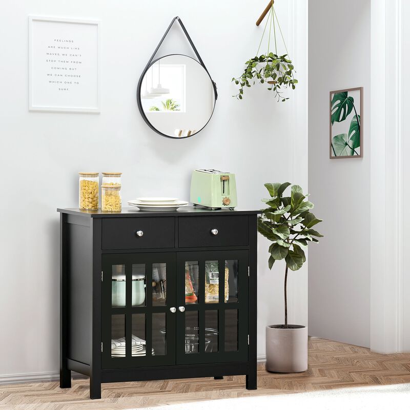 Black Dining Cabinet: Buffet with Glass Doors and 2 Drawers