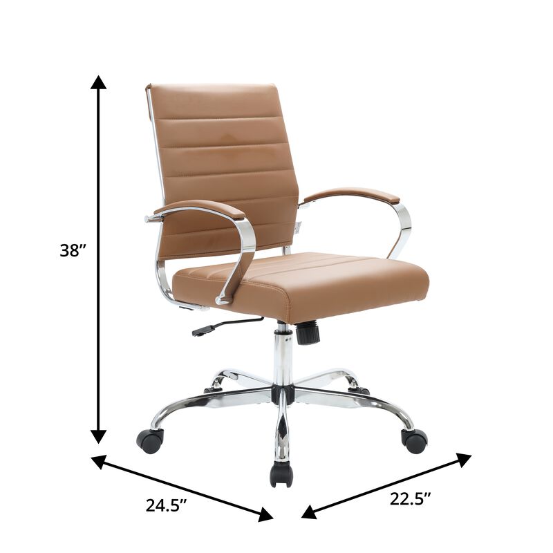 LeisureMod Benmar Mid-Back Office Chair, Leather Upholstery with Swivel, Tilt, and Chrome Base, Modern Desk Seating for Home Office or Conference Room