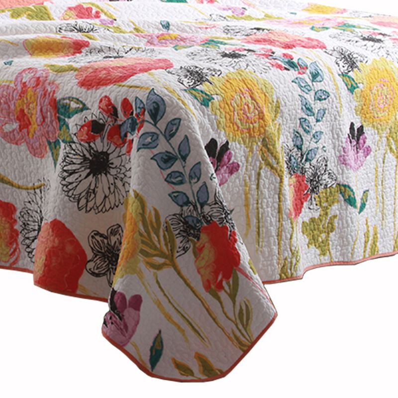 3 Piece Cotton King Size Quilt Set with Stencil Flower Print, Multicolor - Benzara