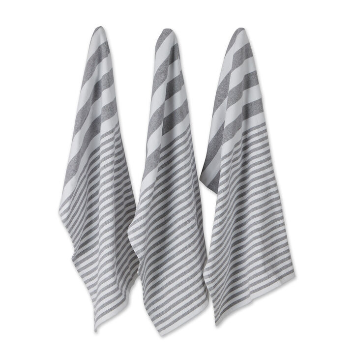 Set of 3 White and Mineral Gray French Terry Nautical Stripe Dish Towel  28"