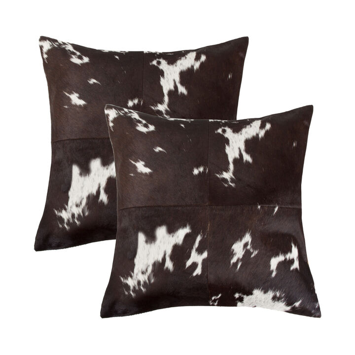HomeRoots Set of Two 18" Chocolate and White Cowhide Cowhide Throw Pillows