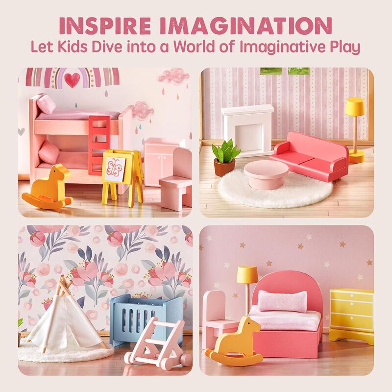 Wooden Dollhouse - 6 Rooms Wooden Doll House, DIY Pretend Doll House with 31Pcs Furniture Accessories, Creative Gift for Girl image number 5