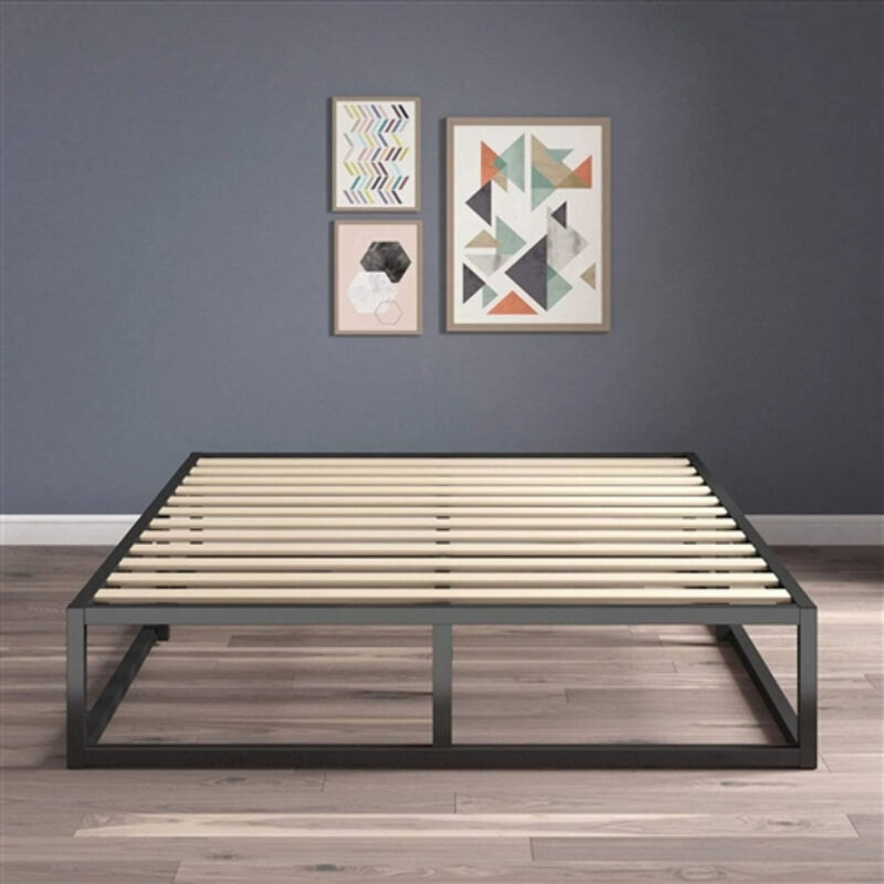 Modern Metal Platform Bed with Wood Slats – Low Profile Frame, No Box Spring Required