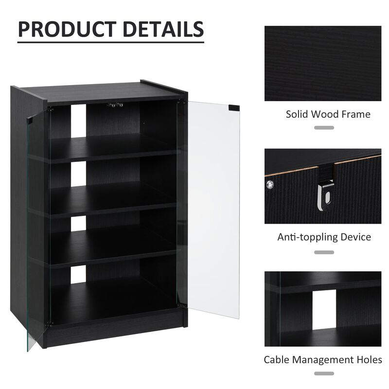 5-Tier Media Stand Component Unit Wood AV Cabinet with Adjustable Shelves Tempered Glass Door for TV Gaming Consoles DVD Player Receiver Black