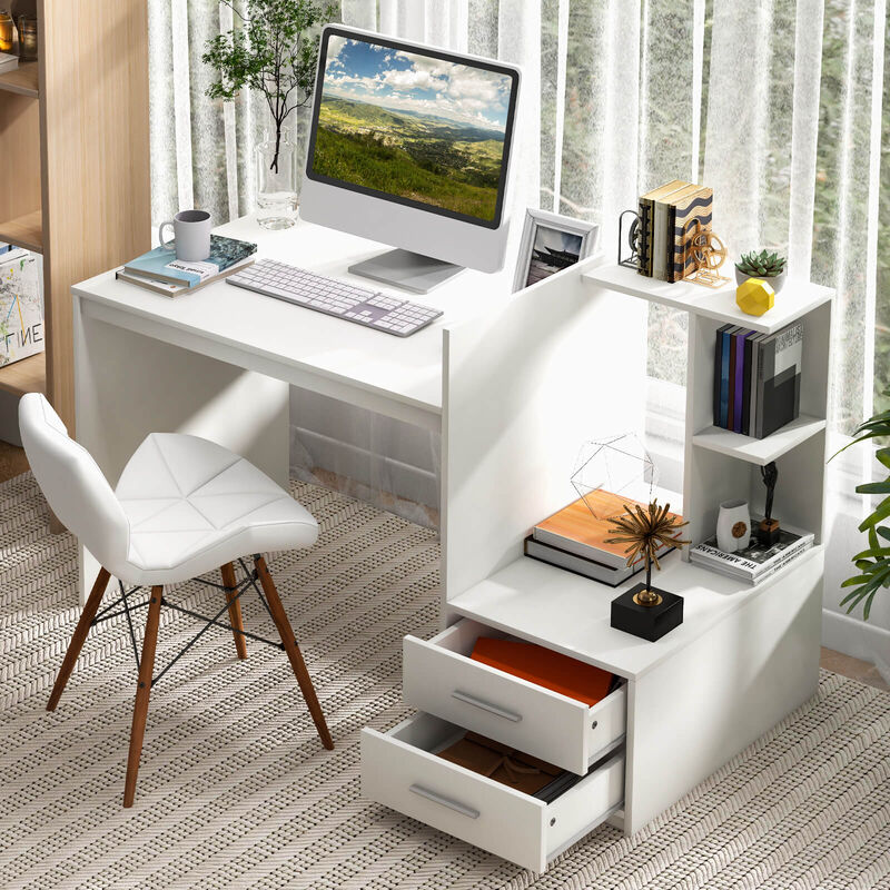 Computer Desk Home Office with Bookshelf and Drawers-White