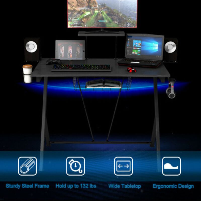 Multifunctional E-Sport Gaming Desk with Headset Hook and Cup Holder