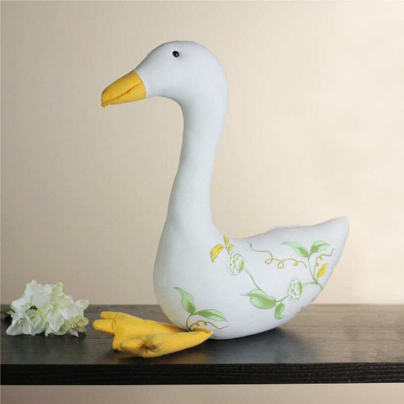16" White and Yellow Plush Floral Goose Tabletop Decor