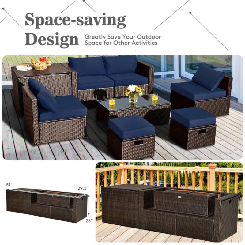 Hivvago 8 Pieces Patio Space-Saving Rattan Furniture Set with Storage Box and Waterproof Cover