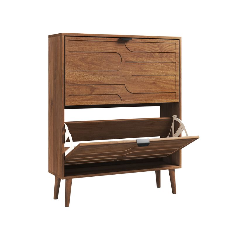 Clihome Medieval Modern Independent Shoe Cabinet, 31.5-inch Walnut Shoe Storage Cabinet,, Fence Shoe Cabinet With 2 Flip Drawers, Suitable For Corridors And Entrances image number 0