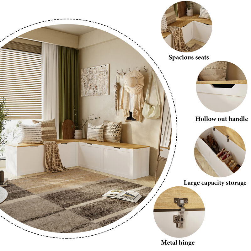 FUFU&GAGA Modern White Storage Bench with Large Capacity, MDF with Wood Grain Top (63" W x 17.7" H x 63" D), White And Brown