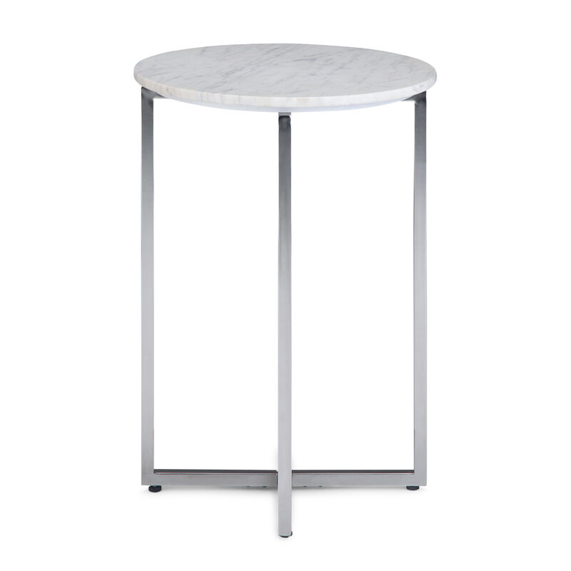 Marsden Modern 18 inch Wide Metal Accent Side Table with Polished Stainless Steel Base in White, Silver