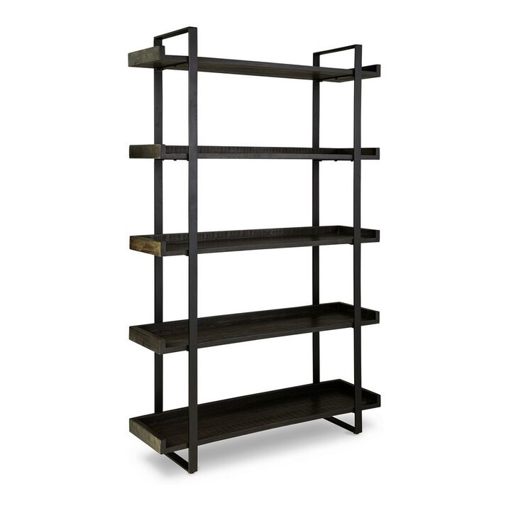 Franz 78 Inch Bookcase, 5 Display Shelves, Black Metal Bracket, Brown Wood - Benzara