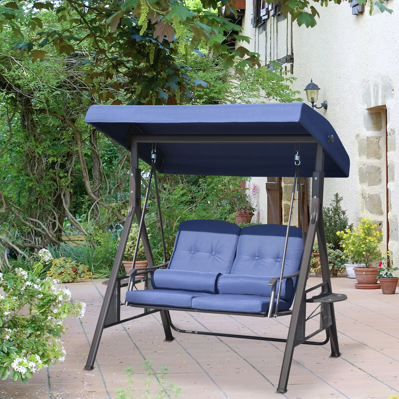 Outsunny 2-Person Patio Swing Bench with Adjustable Shade Canopy, Soft Cushions, Throw Pillows and Tray, Dark Blue