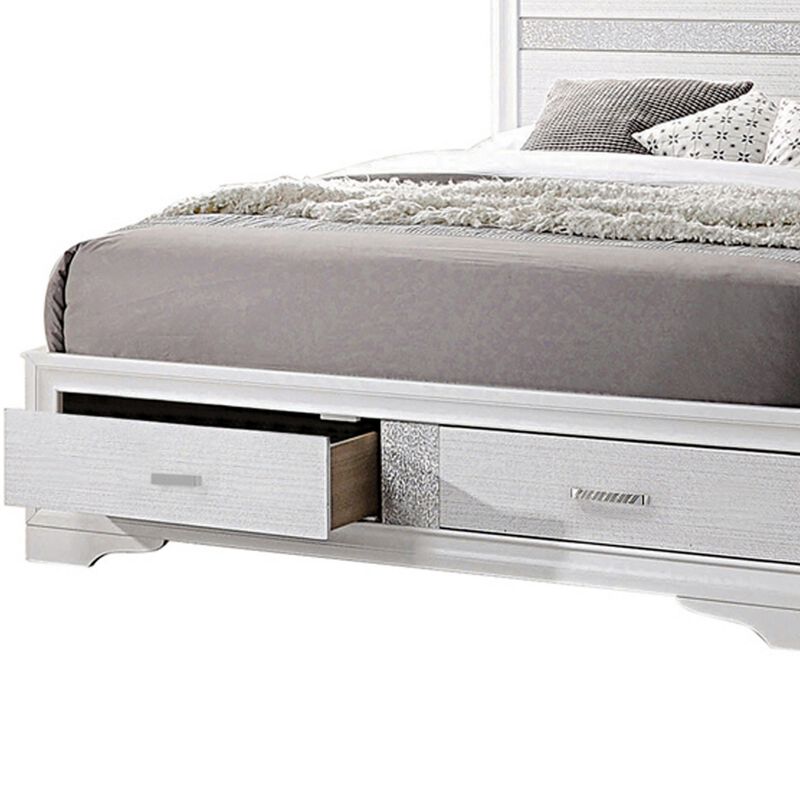 Contemporary Queen Bed with Drawers and Glittering Stripes, White-Benzara
