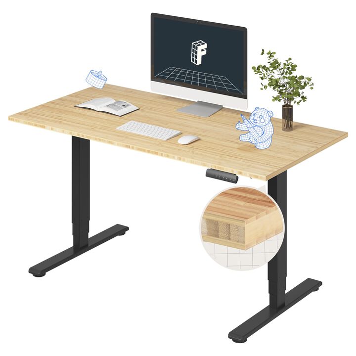 FLEXISPOT E6 Essential Bamboo 3 Stages Dual Motor 55x28 Inch Electric Height Adjustable Standing Desk Whole-Piece Board Desk Sit