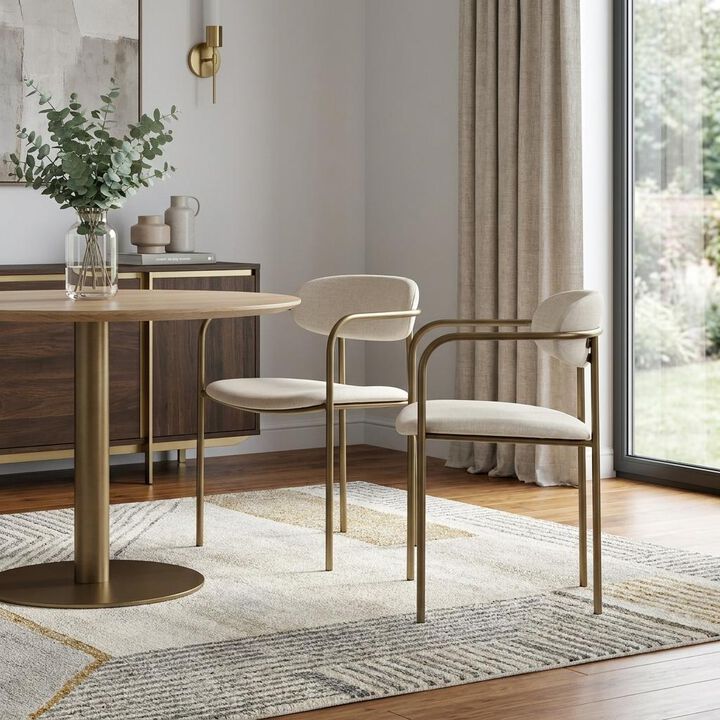 HomeRoots Set of Two Cream and Gold Fabric Open Back Dining Arm Chairs