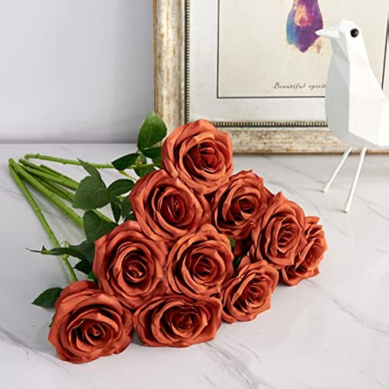 10 Piece Orange Artificial Rose Flower Stems Wedding Centerpiece Decor image number 3