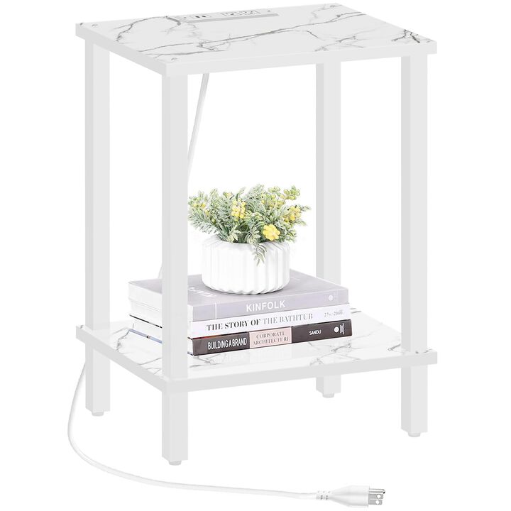 TUTOTAK End Table with Charging Station, Side Table with USB Ports and Outlets, Nightstand, 2-Tier Storage Shelf, Sofa Table for