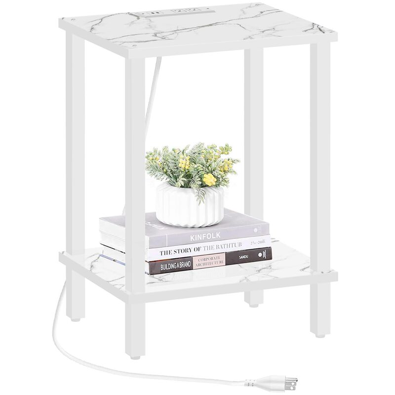 TUTOTAK End Table with Charging Station, Side Table with USB Ports and Outlets, Nightstand, 2-Tier Storage Shelf, Sofa Table for