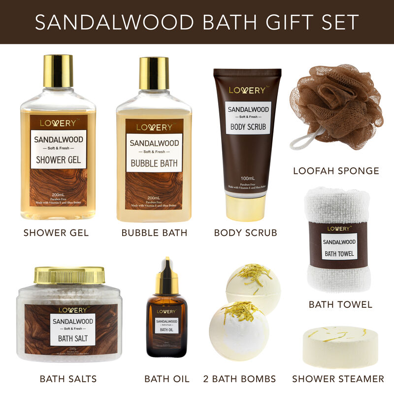 Luxury Spa Kit for Men - Sandalwood Bath Set - Personal Care Kit in Brown Leather Cosmetic Bag