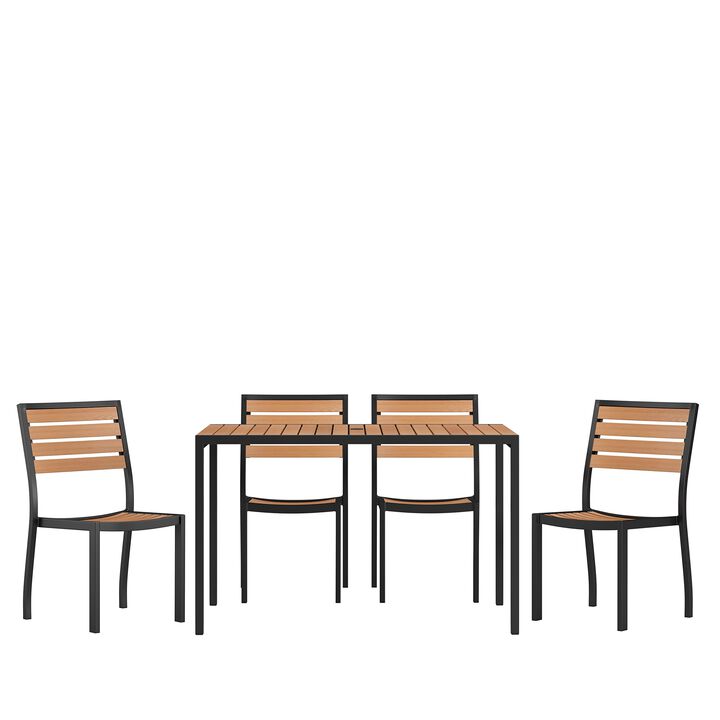 Flash Furniture 5 Piece Patio Table Set - Synthetic Teak Poly Slats - 30" x 48" Steel Framed Table with 4 Faux Teak Chairs