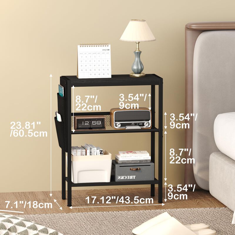 Yusong Small Narrow Side Table for Small Spaces, Slim End Table with Storage Bag, Sofa Snack Table with Adjustable Metal Mesh, 3
