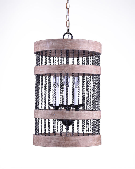 HomeRoots Black And Natural Wood and Metal Cylinder Three Light Dimmable Chandelier