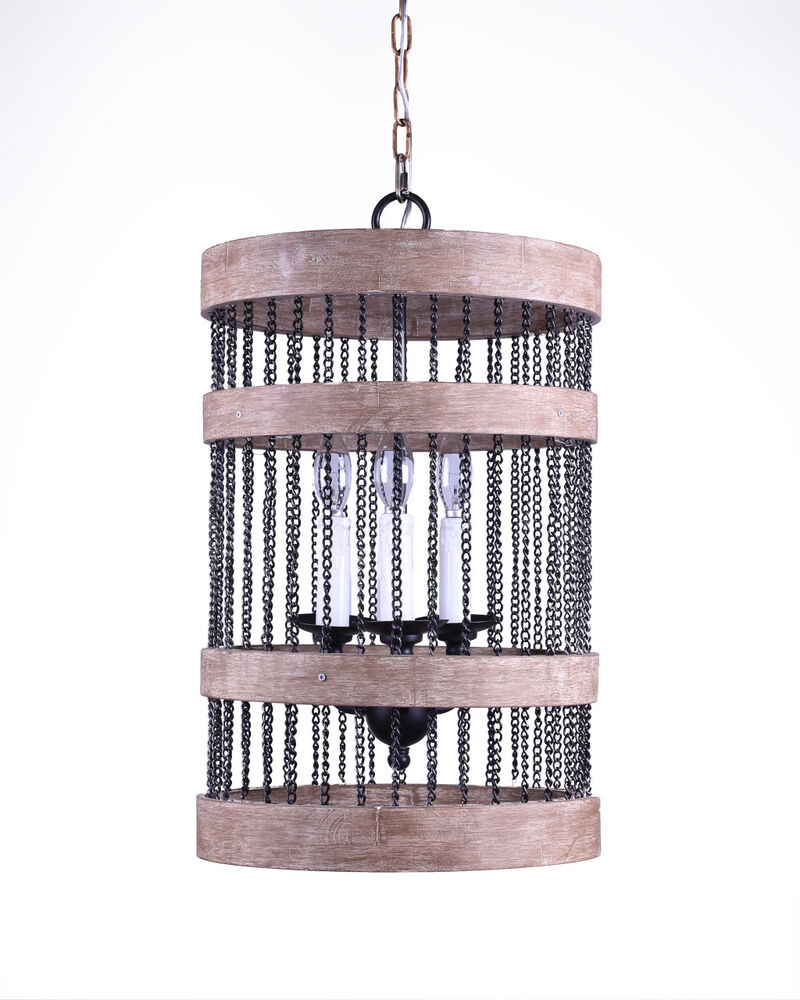 HomeRoots Black And Natural Wood and Metal Cylinder Three Light Dimmable Chandelier image number 0