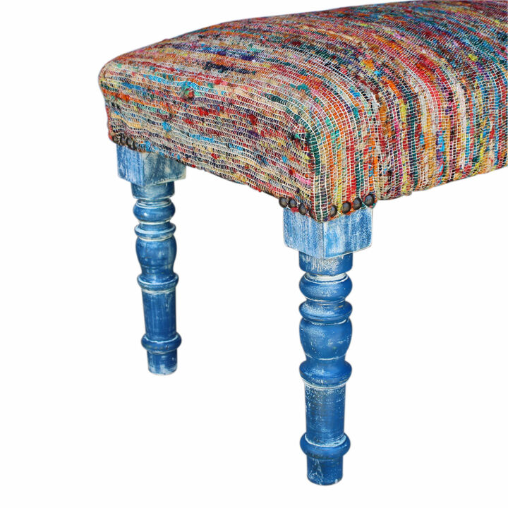Decorative Upholstered Bench – Rainbow Stripe Fabric Seat with Blue Legs