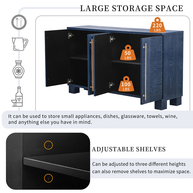 Whisen Classic Style Wood Sideboard Buffet Cabinet with Adjustable Shelves and Gold Handles - Antique Navy