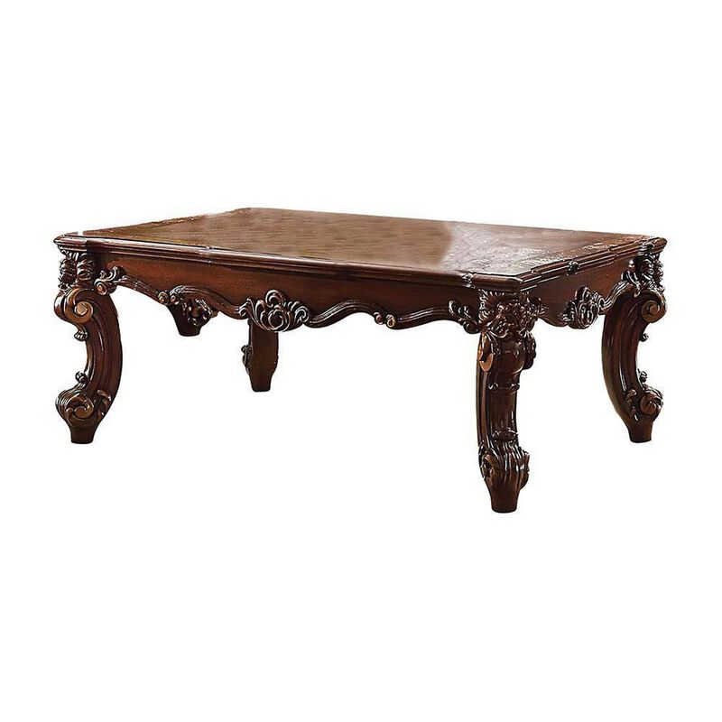 Coffee Table, 36 Inch Rectangular Top, Scrolled Legs, Brown
