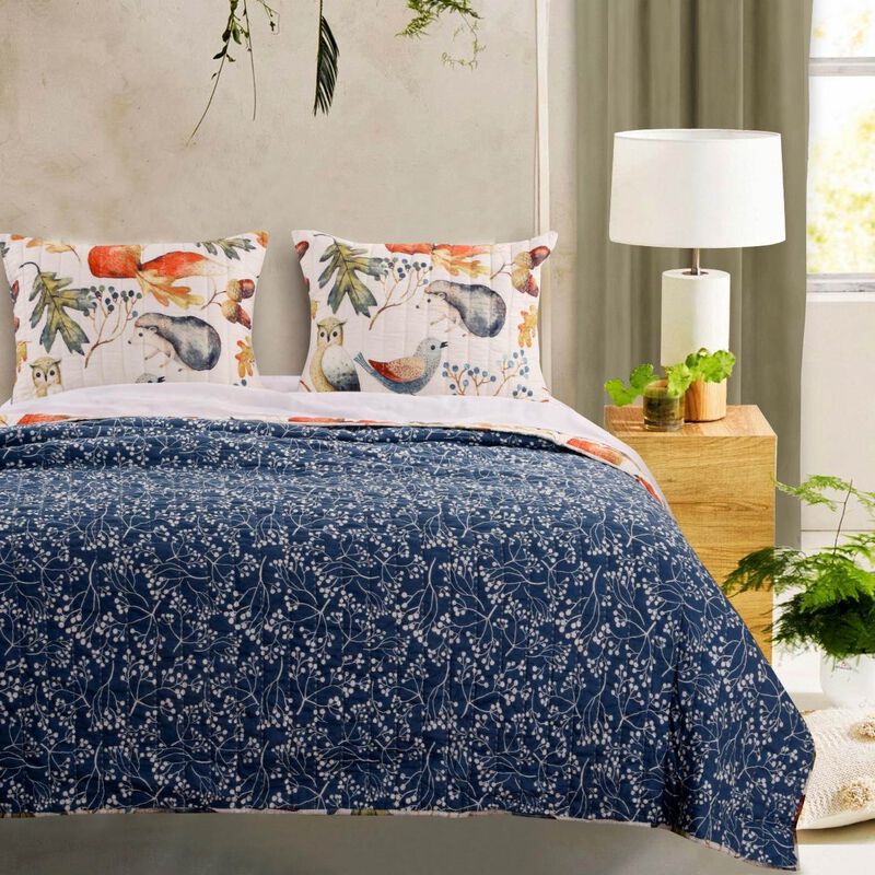 3-Piece Birds, Animals, and Floral Microfiber Reversible Quilt Set, Soft Bedding