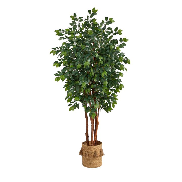 Nearly Natural 7-ft Sakaki Tree w/1862 Lvs in Natural Jute Planter w/Tassels
