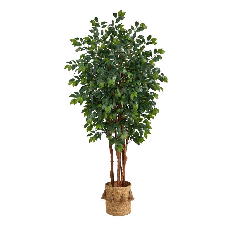 Nearly Natural 7-ft Sakaki Tree w/1862 Lvs in Natural Jute Planter w/Tassels