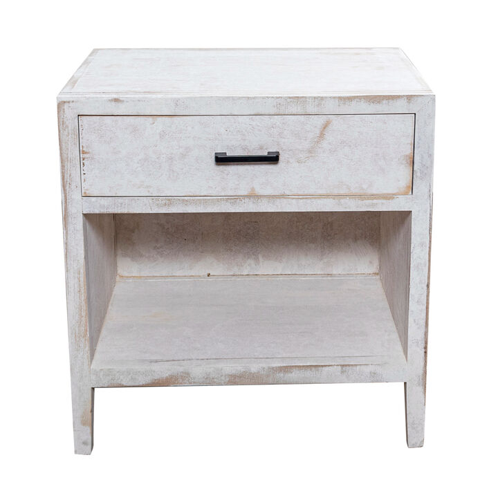 Distressed White Wooden 1-Drawer Nightstand Bedside Cabinet with Shelf