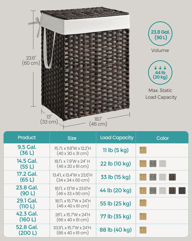 90L Laundry Basket with Lid Handles Synthetic Rattan Brown Hamper image number 2