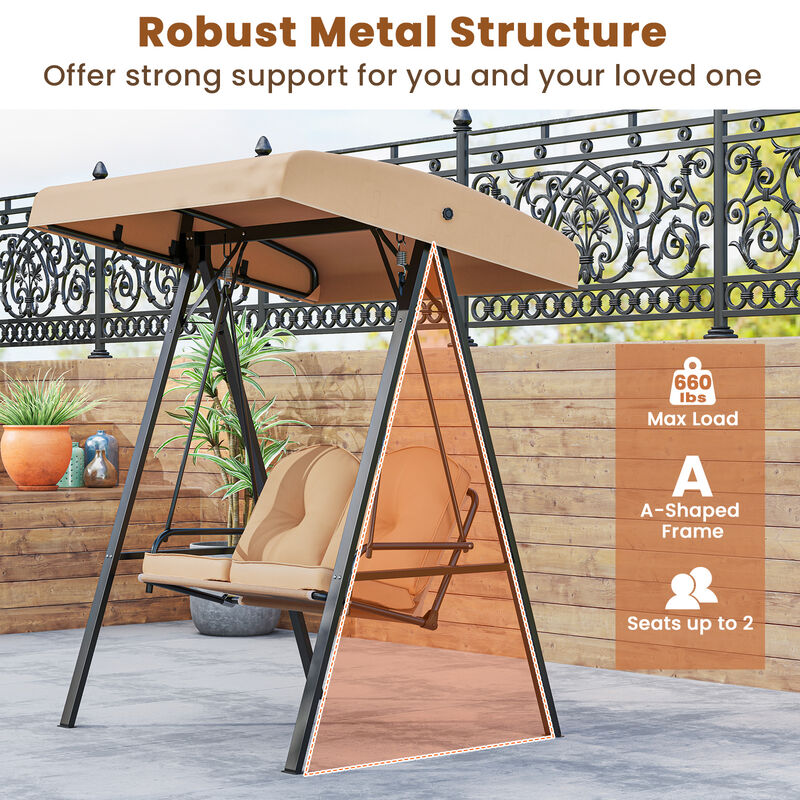 2-Person Outdoor Porch Swing with A-Frame Stand and Adjustable Canopy