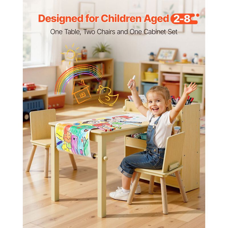 Kids Craft Activity Desk with 2 Chairs and 3-Tier Storage Cabinet-Light Wood image number 6