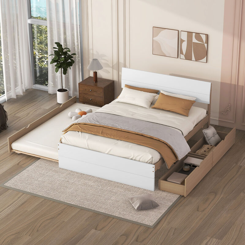 Whisen Modern Full Bed Frame With Twin Size Trundle And 2 Drawers