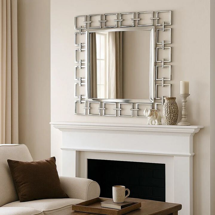 Modern Style Metal Openwork Square Framed Mirror, Silver